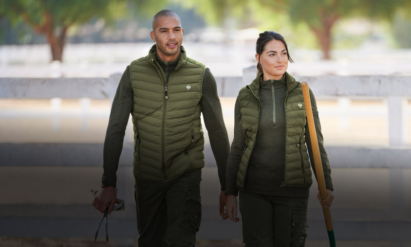 Man and woman wearing clothing from the e.s.motion ten collection