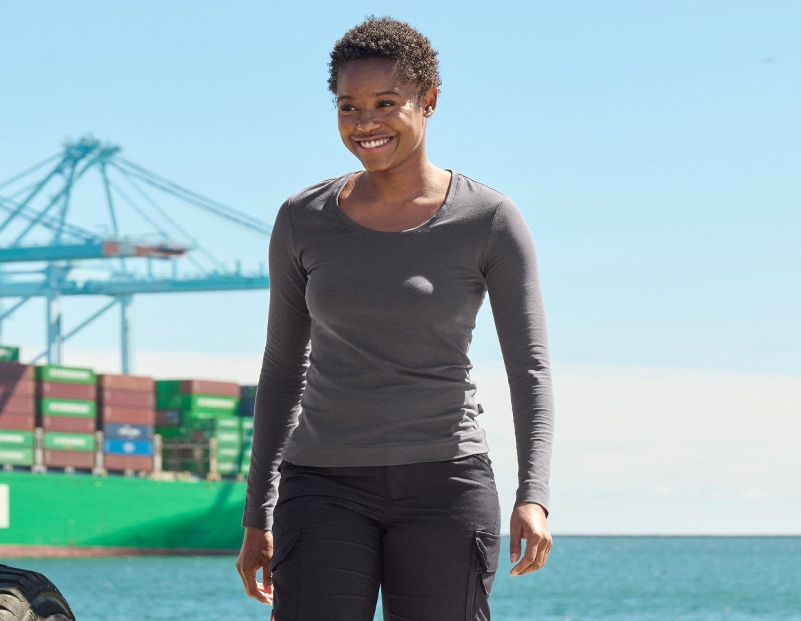 Main action image e.s. Longsleeve cotton stretch, ladies' anthracite